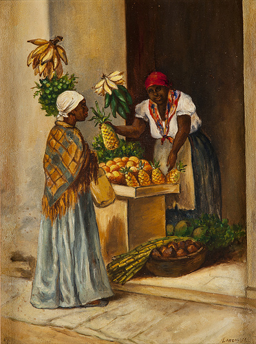 A picture of the painting title "Fruit Vendors" by Víctor Patricio Landaluze